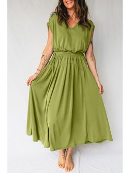 Errabelly - Fern Green Solid V Neck Cap Sleeve Tunic Elastic Waist Versatile Dress