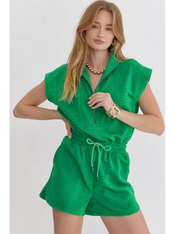 Errabelly - Bright Green Textured Short Sleeve Half Zip Drawstring Playsuit