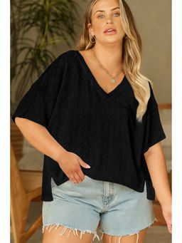 Errabelly - Black Pointelle Rhombus Knit Plus Size V Neck Loose Top