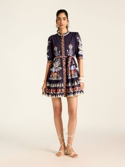 Label Ritu Kumar - Navy Blue Mariela Short Dress with Belt