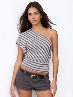 Outzidr - Grey One Shoulder Striped Top
