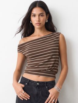 Outzidr - Brown One Shoulder Striped Top