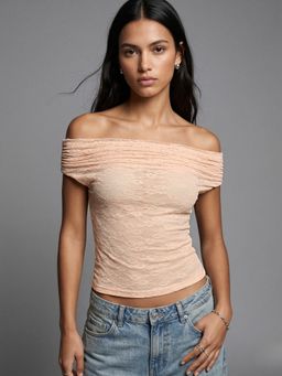 Outzidr - Peach Off Shoulder Lace Crop Top