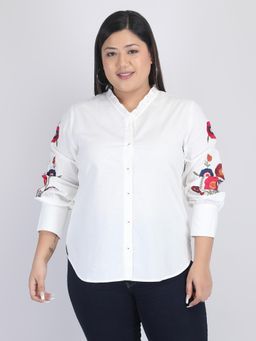 SHAYE - Mandarin Collar White Solid Long Sleeves Casual Shirts For Women