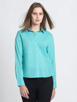 SHAYE - Shirt Collar Turquoise Blue Printed Casual Shirts For Women