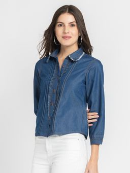 SHAYE - Shirt Collar Blue Solid Casual Shirts For Women