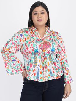 SHAYE - Cream Peacock Print Long Sleeves Casual Tops For Women