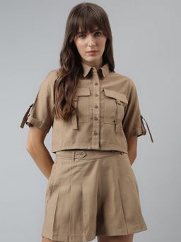 Latin Quarters - Women Solid Shirt Casual Short Sleeves Beige Shirt