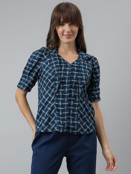 Latin Quarters - Women Checks Shirt Casual Half Sleeves Teal Shirt