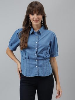 Latin Quarters - Women Solid Shirt Casual Short Sleeves Blue Shirt