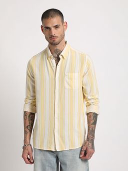 The Bear House - Men Yellow Striped Slim Fit Cotton Casual Shirt