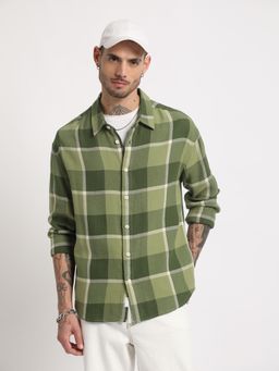 The Bear House - Men Green Checked Regular Fit Cotton Casual Shirt