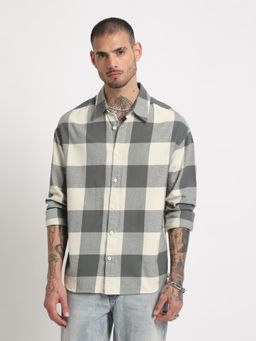 The Bear House - Men Grey Checked Regular Fit Cotton Casual Shirt
