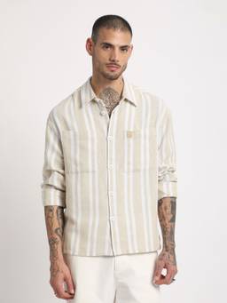 The Bear House - Men Beige Striped Regular Fit Cotton Casual Shirt