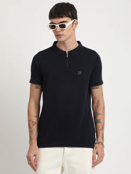 The Bear House - Men Blue Solid Slim Fit Polo Collar T-Shirt