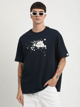 The Bear House - Men Blue Printed Relaxed Fit Round Neck T-Shirt