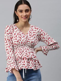 SHOWOFF - Women V-Neck Bell Sleeves Floral White Top