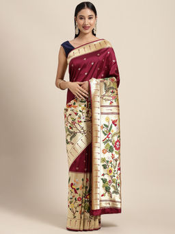 NEERU'S - Wine Woven Design Zari Pure Silk Saree with Unstitched Blouse