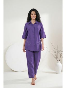 SAY - Purple Shirt Collar Pure Cotton Co-Ord Set For Women