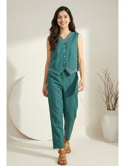 SAY - Teal V-Neck Pure Cotton Co-Ord Set For Women