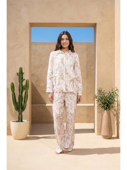 SAY - Cream Motifs Print Shirt Collar Pure Cotton Co-Ord Set For Women