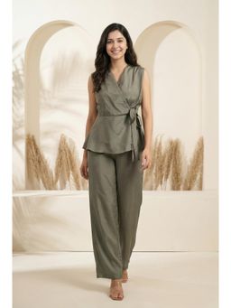SAY - Olive Solid V-Neck Polyester Co-Ord Set For Women