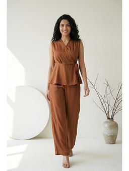 SAY - Rust Solid V-Neck Polyester Co-Ord Set For Women