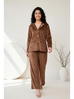 SAY - Brown Solid Shirt Collar Cotton Blend Co-Ord Set For Women