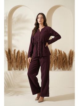 SAY - Purple Solid Pure Cotton Co-Ord Set with Belt For Women