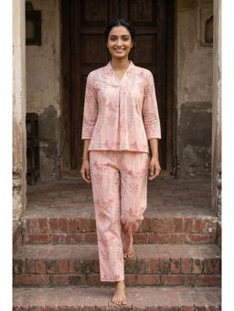 SANSKRUTIHOMES - Peach Tropical Print V-Neck Pure Cotton Co-Ord Set For Women