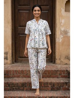 SAY - White Floral Print Mandarin Collar Pure Cotton Co-Ord Set For Women