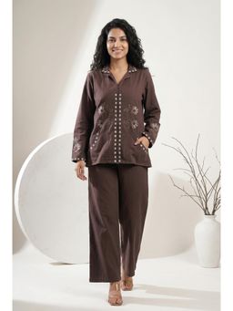 SAY - Coffee Brown Embroidered Shirt Collar Pure Cotton Co-Ord Set For Women