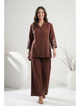 SAY - Brown Solid Shirt Collar Pure Cotton Co-Ord Set For Women