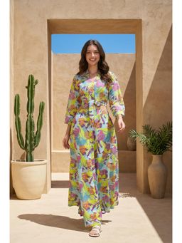 SAY - Green Floral Print V-Neck Pure Cotton Co-Ord Set For Women