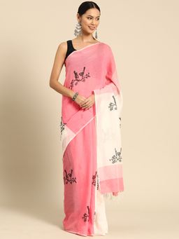 ArtEastri - Pink White Cotton Printed Saree without Blouse