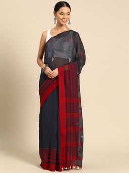 ArtEastri - Navy Orange Cotton Jacquard Saree without Blouse
