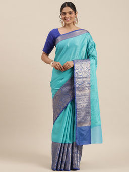 Banarasi Silk Works - Turquoise Resham Zari Pattu Border Art Saree with Unstitched Blouse
