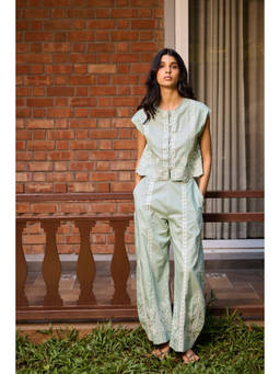 NeedleTen - Sage Green Embroidered Cropped Top