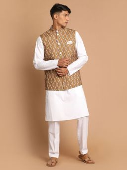 Vastramay - Men Brown & White Pure Cotton Jacket with Kurta and Pyjama (Set of 3)