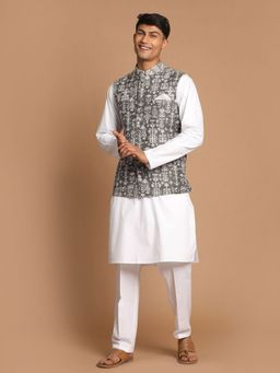 Vastramay - Men Grey & White Pure Cotton Jacket with Kurta and Pyjama (Set of 3)