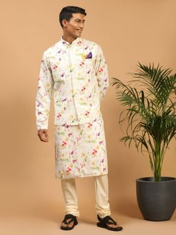 Vastramay - Men Cream Cotton Blend Jacket with Kurta and Churidar (Set of 3)