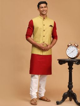 Vastramay - Men Maroon, Yellow & White Cotton Blend Jacket with Kurta and Churidar (Set of 3)