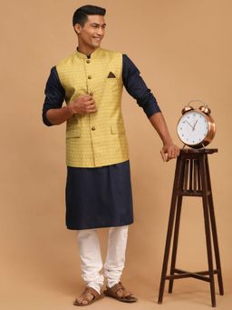 Vastramay - Men Navy Blue, Yellow & White Cotton Blend Jacket with Kurta and Churidar (Set of 3)