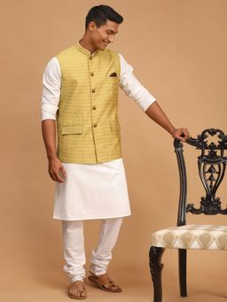 Vastramay - Men Yellow & White Cotton Blend Jacket with Kurta and Churidar (Set of 3)