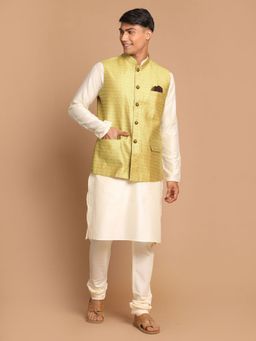Vastramay - Men Yellow & Cream Viscose Jacket with Kurta and Churidar (Set of 3)