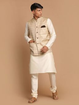 Vastramay - Men Beige & Cream Viscose Jacket with Kurta and Churidar (Set of 3)