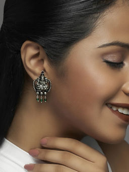 Divas Mantra - 92.5 Silver Oxidised Nitya Pushta Earrings with Red Spinel Stones and Green Beads