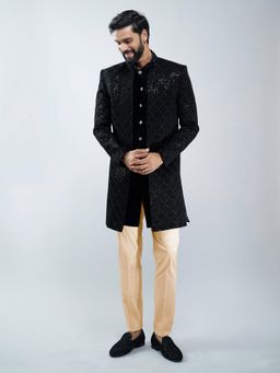 Vastramay - Men Black Velvet Embroidered Indo-Western Sherwani with Kurta and Pant