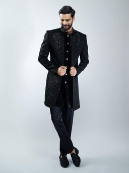 Vastramay - Men Black Velvet Embroidered Indo-Western Sherwani with Kurta and Pant