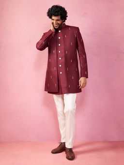 Vastramay - Maroon Men Embroidered Indo-Western Sherwani with Kurta and Pyjama